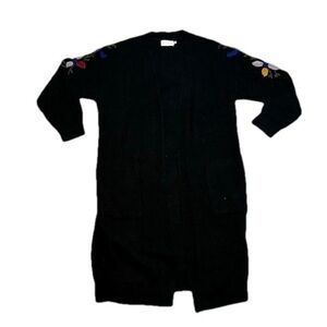 Dreamers Black Long Heavy Knit Cardigan with Floral Embroidery